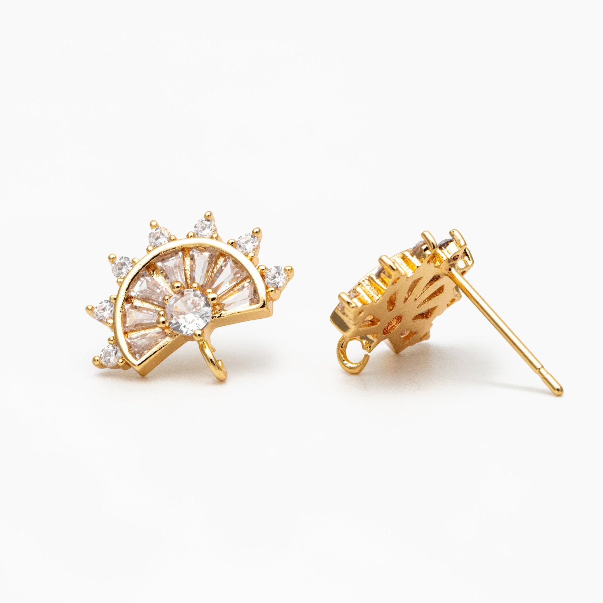 4pcs CZ Pave Gold Fan Shape Earring with Loop, Gold Plated Brass Fan Stud Earrings (#GB-4116)