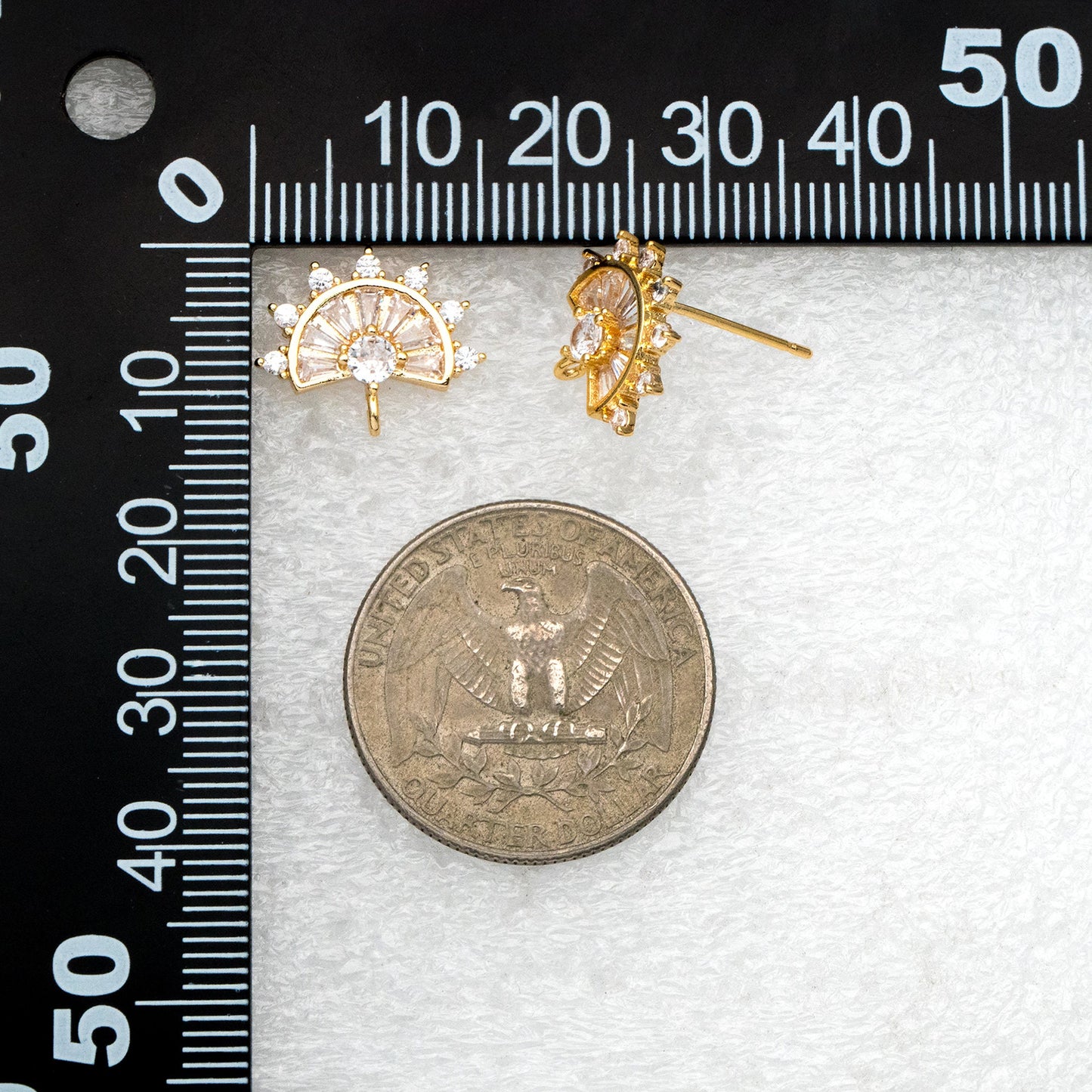 4pcs CZ Pave Gold Fan Shape Earring with Loop, Gold Plated Brass Fan Stud Earrings (#GB-1205-B)