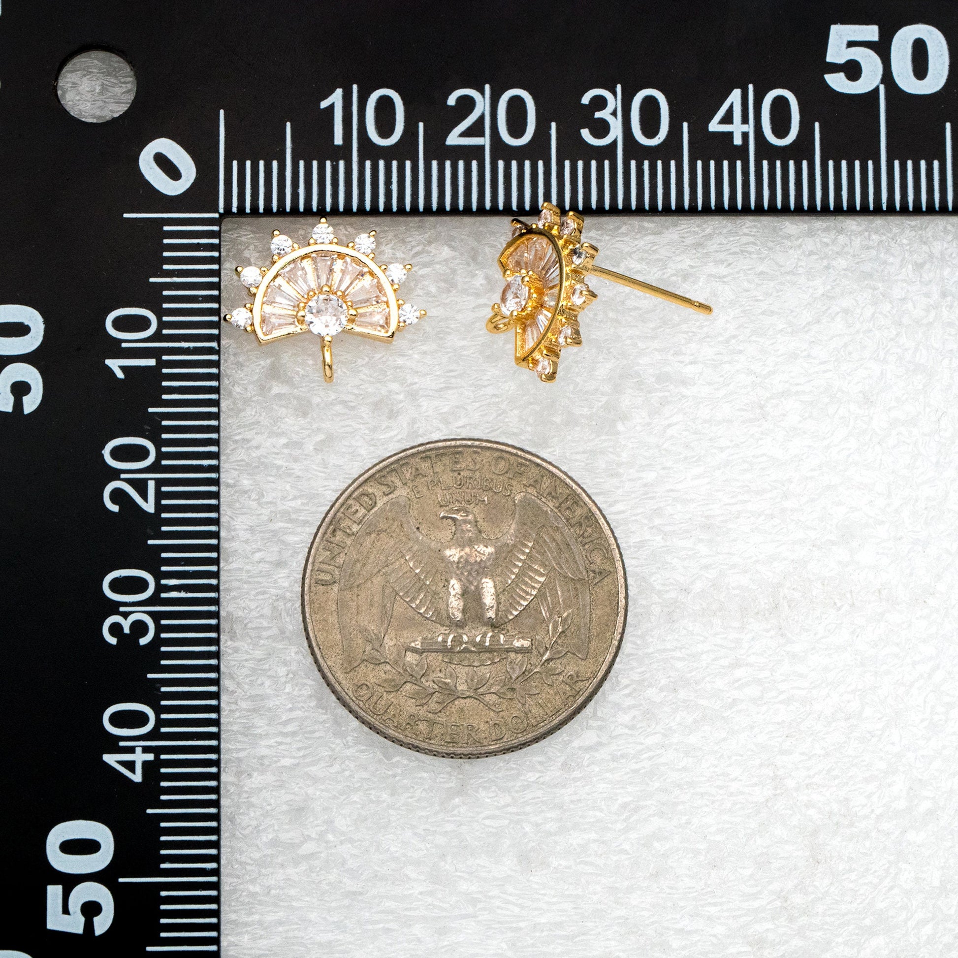4pcs CZ Pave Gold Fan Shape Earring with Loop, Gold Plated Brass Fan Stud Earrings (#GB-1205-B)
