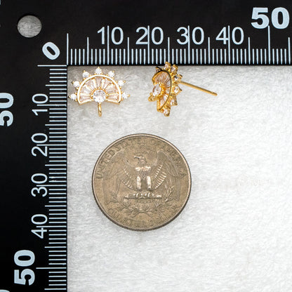 4pcs CZ Pave Gold Fan Shape Earring with Loop, Gold Plated Brass Fan Stud Earrings (#GB-1205-B)