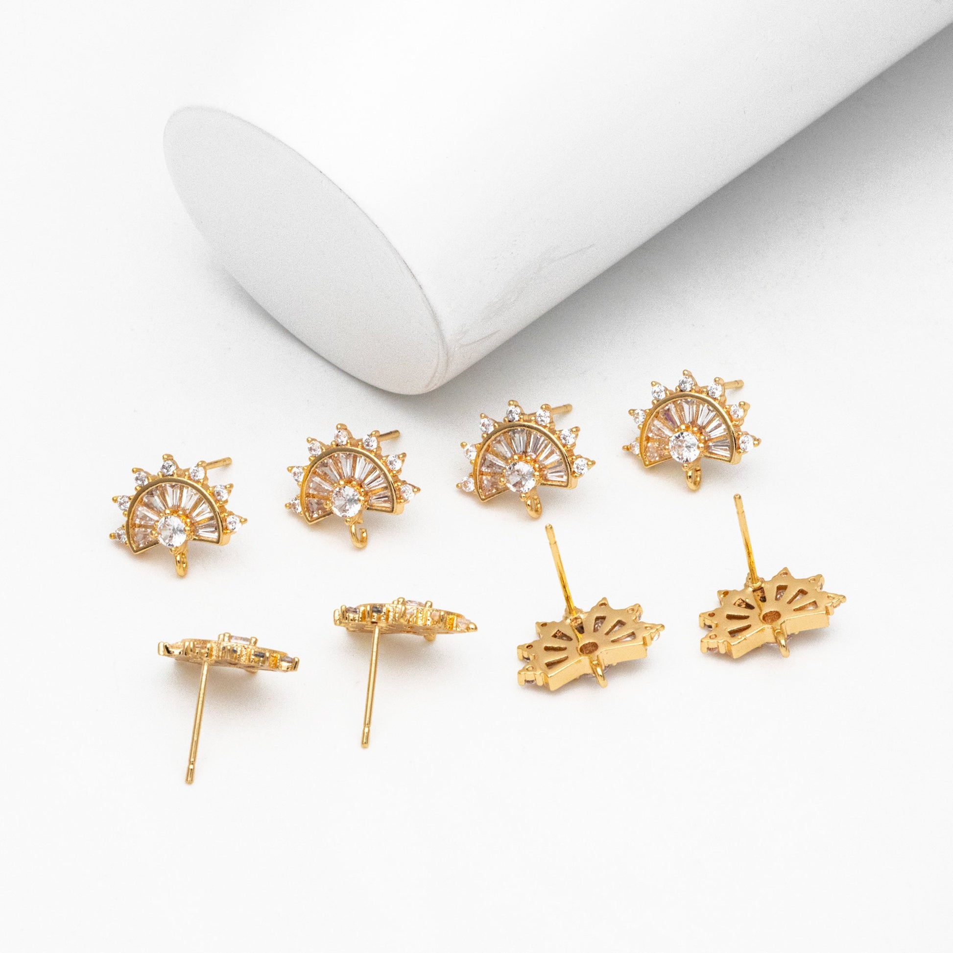4pcs CZ Pave Gold Fan Shape Earring with Loop, Gold Plated Brass Fan Stud Earrings (#GB-1205-B)