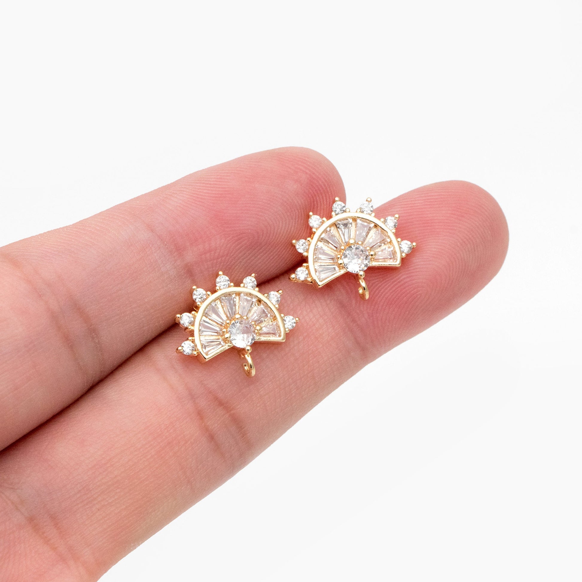 4pcs CZ Pave Gold Fan Shape Earring with Loop, Gold Plated Brass Fan Stud Earrings (#GB-1205-B)