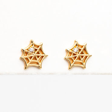 10pcs CZ Pave Gold Spider Web Earrings 9x8mm, Gold Plated Brass Halloween Stud Earrings (GB-4110-B)