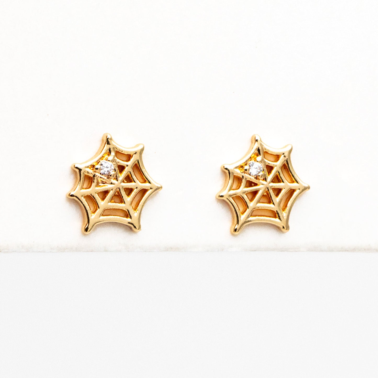 10pcs CZ Pave Gold Spider Web Earrings 9x8mm, Gold Plated Brass Halloween Stud Earrings (GB-4110-B)