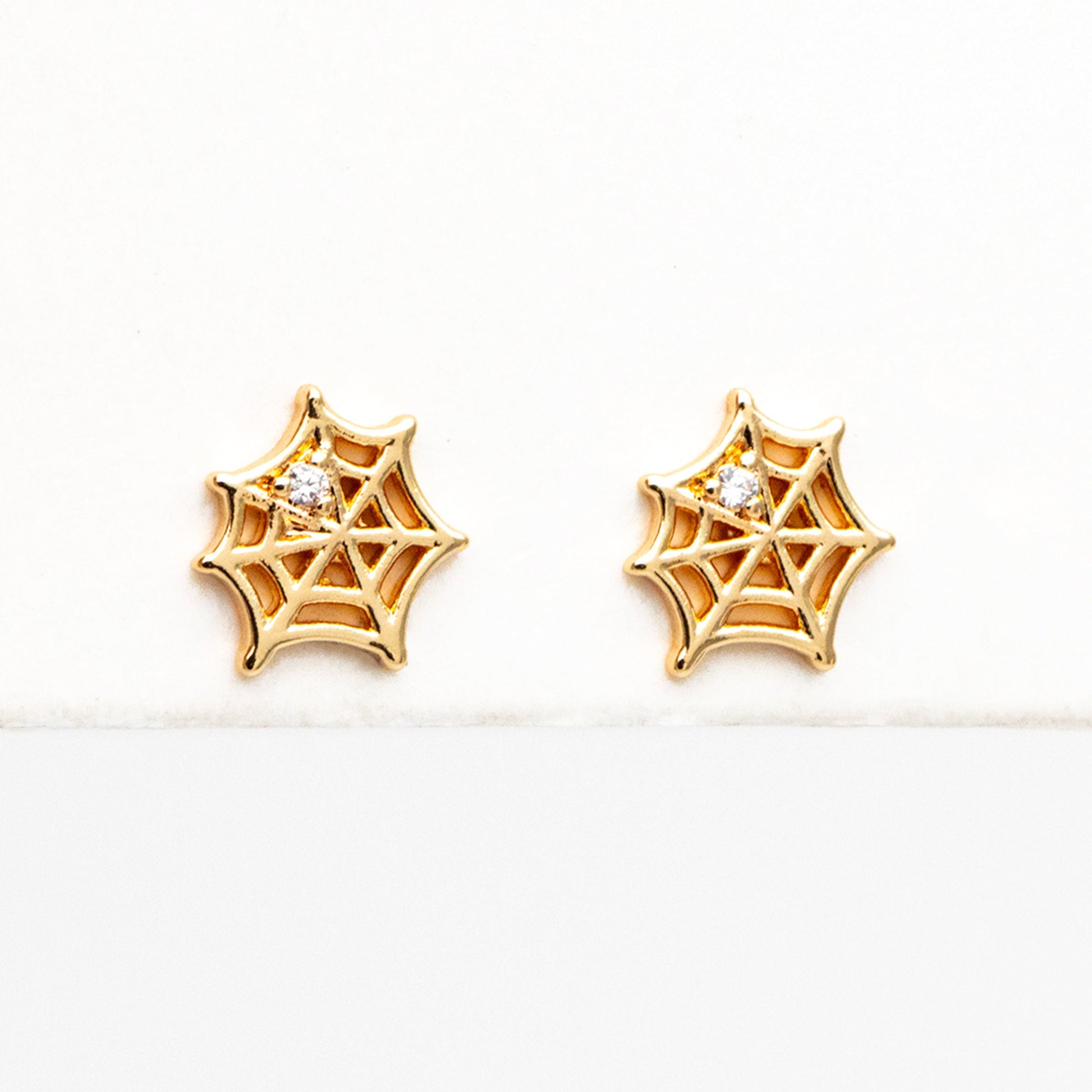 10pcs CZ Pave Gold Spider Web Earrings 9x8mm, Gold Plated Brass Halloween Stud Earrings (GB-4110-B)