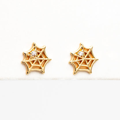 10pcs CZ Pave Gold Spider Web Earrings 9x8mm, Gold Plated Brass Halloween Stud Earrings (GB-4110-B)