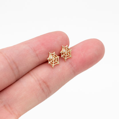 10pcs CZ Pave Gold Spider Web Earrings 9x8mm, Gold Plated Brass Halloween Stud Earrings (GB-4110-B)