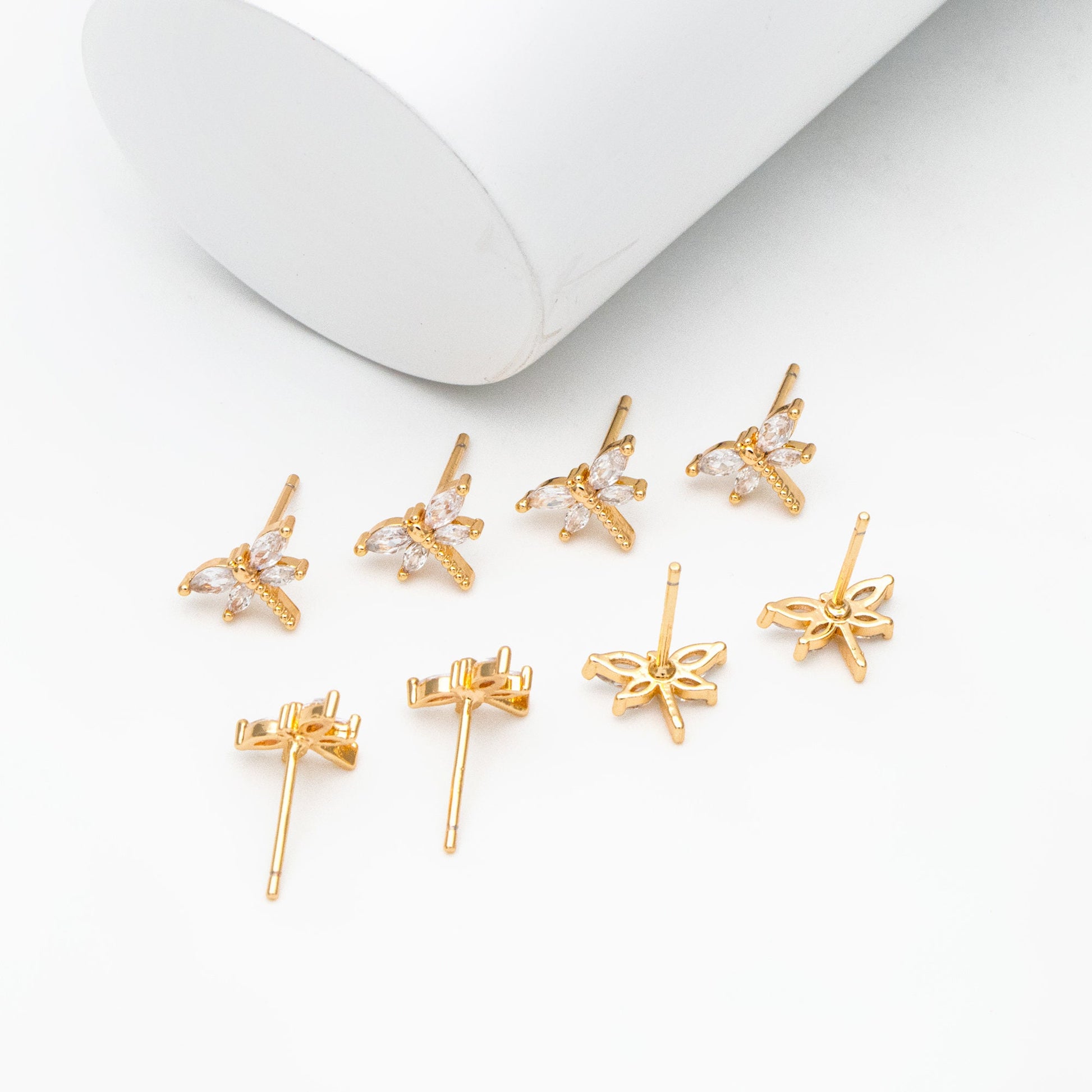 4pcs CZ Pave Gold Dragonfly Earring, Dianty Dragonfly Ear Studs, Jewelry Supplies (GB-4125)
