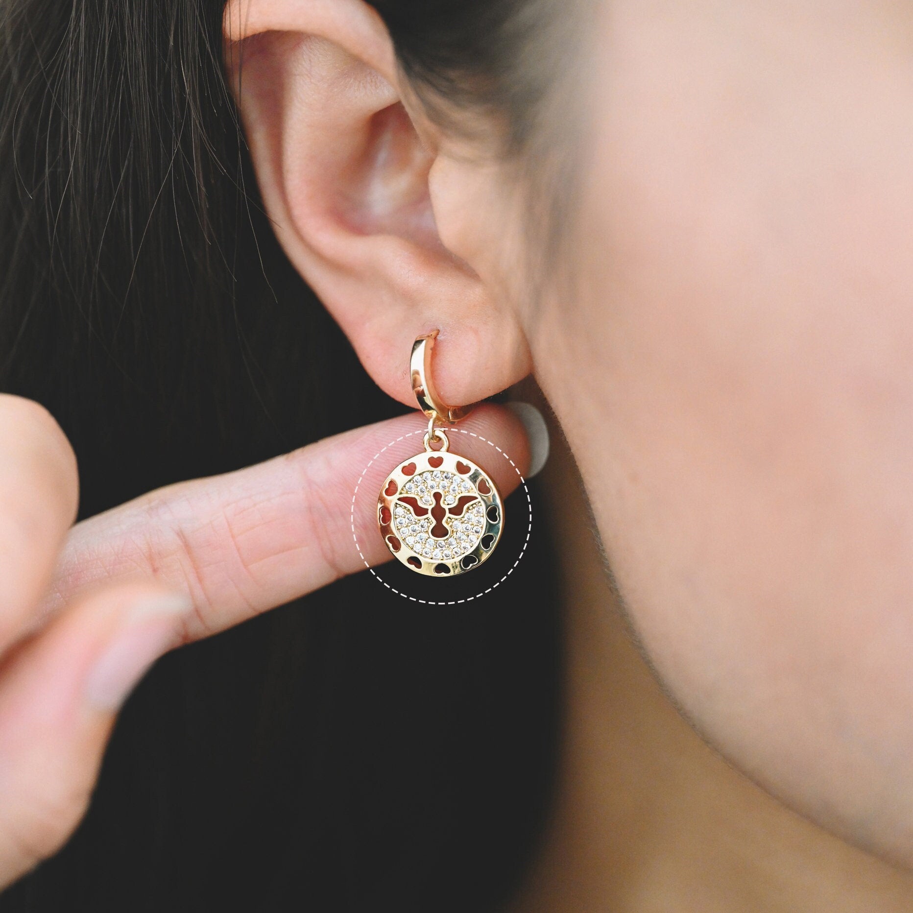 4pcs CZ Pave Gold Peace Dove Charm 15mm, Real Gold plated Brass, Round Bird Pendants (GB-1480-D)