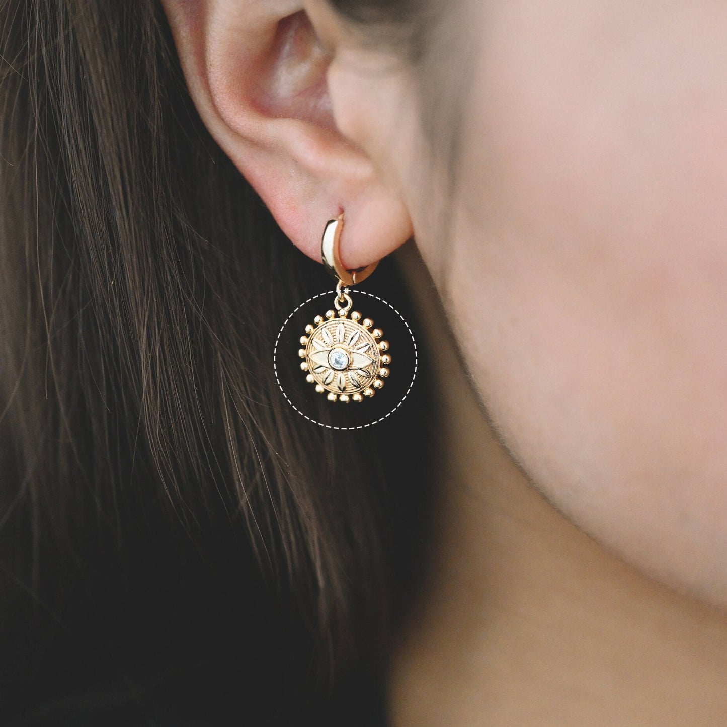 4pcs CZ Pave Gold Flower Evil eye Charms 17x15mm, 18K Gold plated Brass, Disk Evil eye Pendants (GB-4085-D)