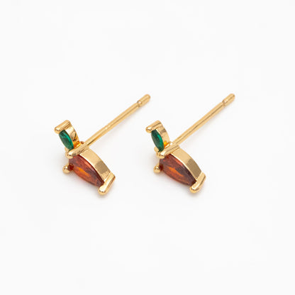 10pcs CZ Pave Gold Fruits and Vegetables Ear Posts, Gold Plated Brass Stud Earrings, Minimalist Summer Earrings (GB-3854)