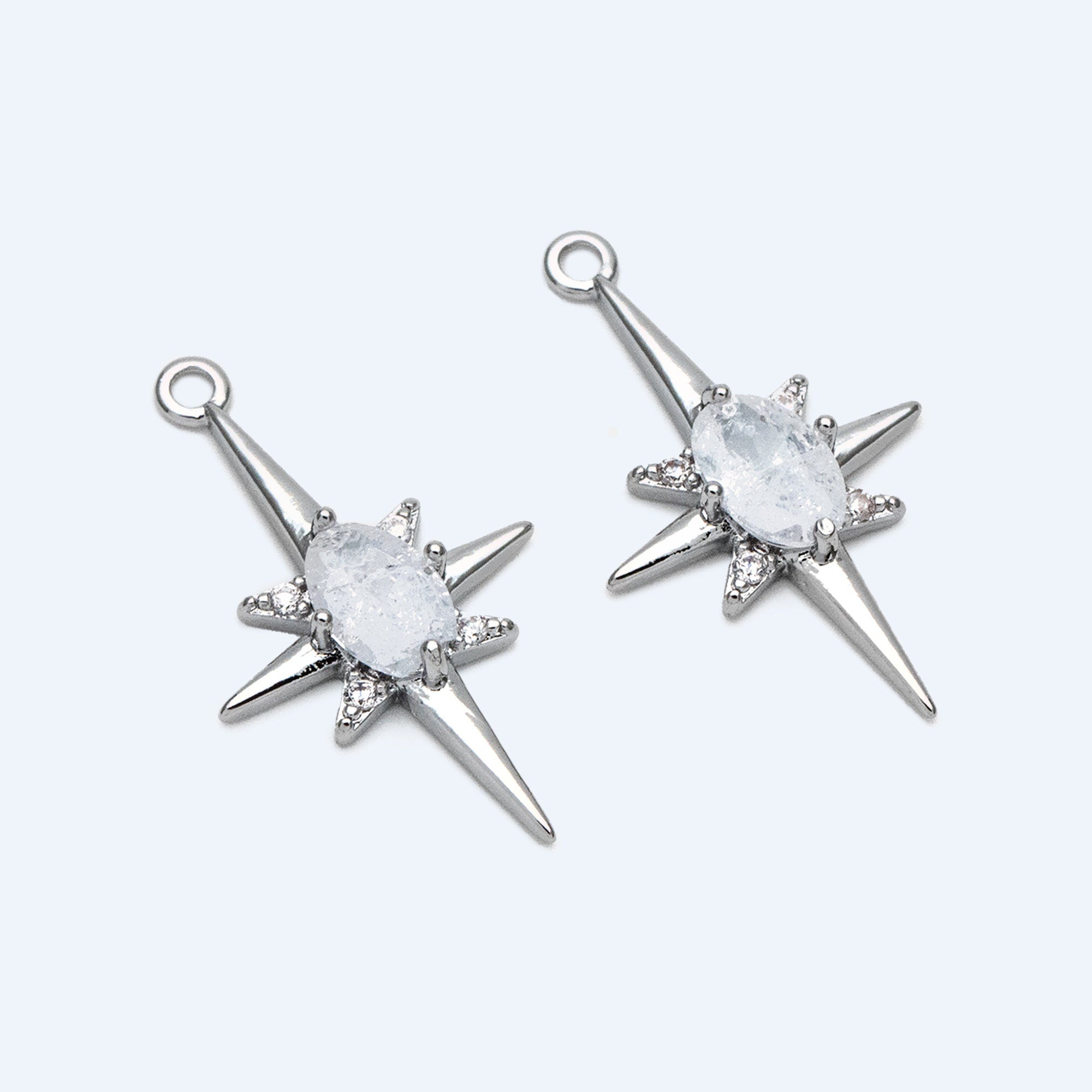 10pcs Gold/ Rhodium plated Brass Star Charms 21x12mm, White Gemstone Pave Star Pendants (GB-924-H)