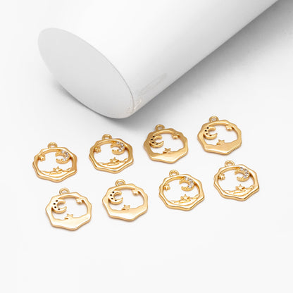 4pcs CZ Pave Gold Moon Star Charms 16x14mm, Jewelry Making, Diy Material, Jewelry Supplies (GB-2433-I)