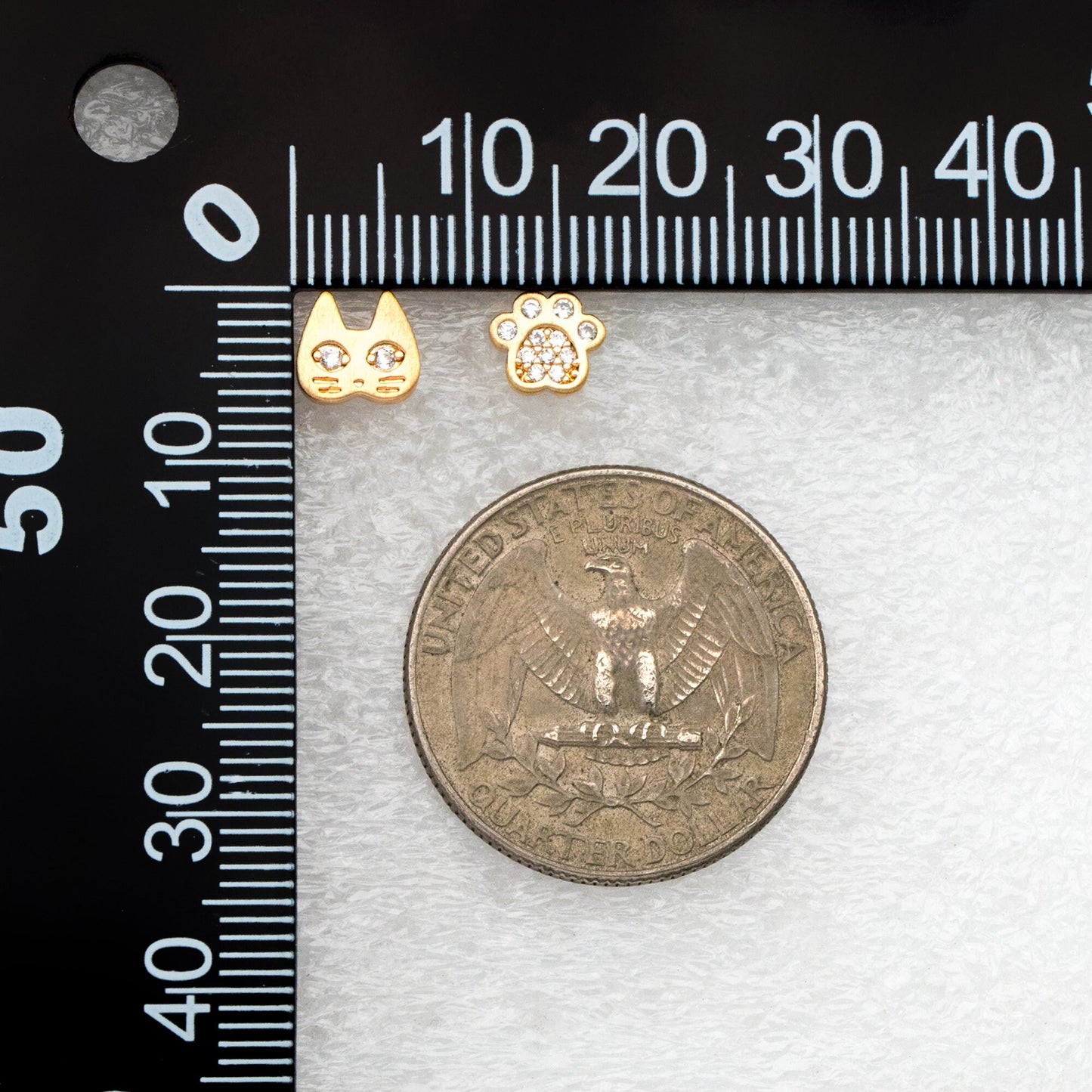 4pcs CZ Pave Gold Cat and Paw Asymmetry Earrings, Gold Plated Brass, Dainty Stud Earrings (GB-4096)