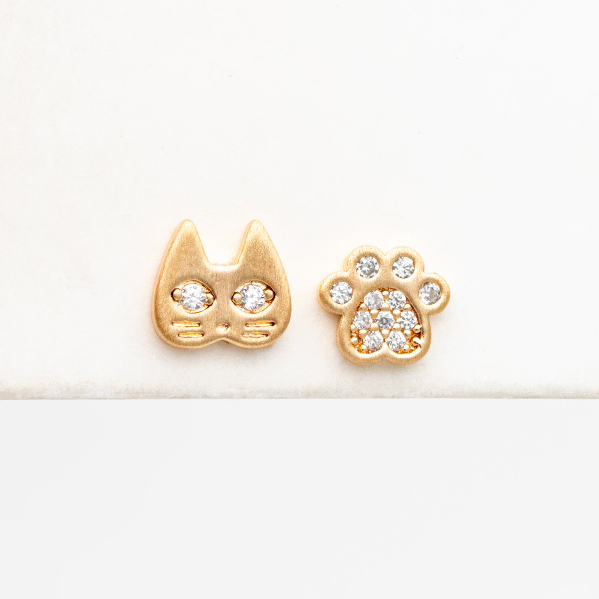 4pcs CZ Pave Gold Cat and Paw Asymmetry Earrings, Gold Plated Brass, Dainty Stud Earrings (GB-4096)