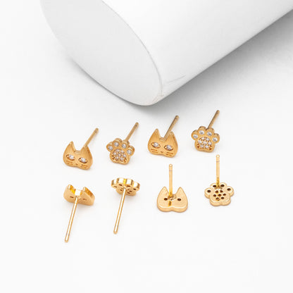 4pcs CZ Pave Gold Cat and Paw Asymmetry Earrings, Gold Plated Brass, Dainty Stud Earrings (GB-4096)