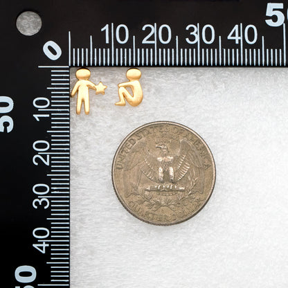 10pcs Gold Stand and Sit Boy Asymmetry Earrings, Gold plated Brass Minimalist Stud Earrings (GB-4099)