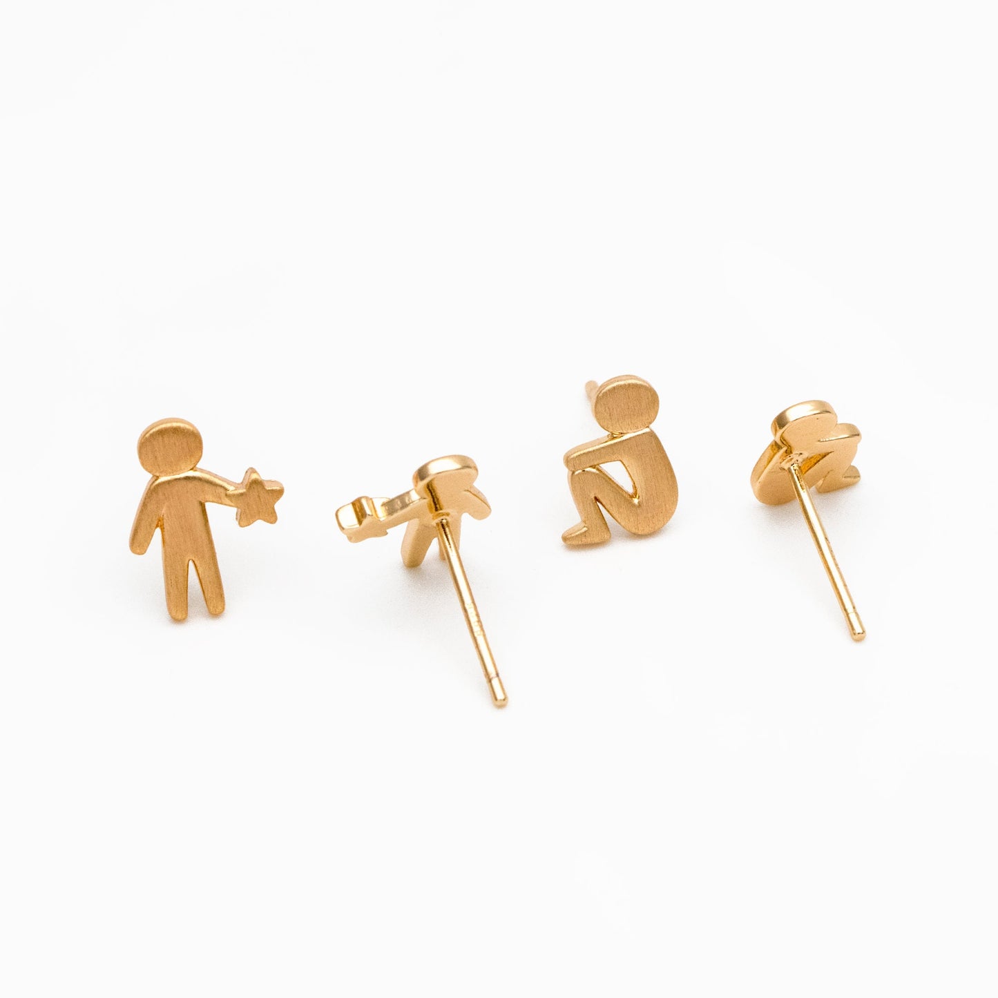 10pcs Gold Stand and Sit Boy Asymmetry Earrings, Gold plated Brass Minimalist Stud Earrings (GB-4099)