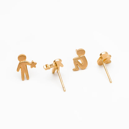 10pcs Gold Stand and Sit Boy Asymmetry Earrings, Gold plated Brass Minimalist Stud Earrings (GB-4099)
