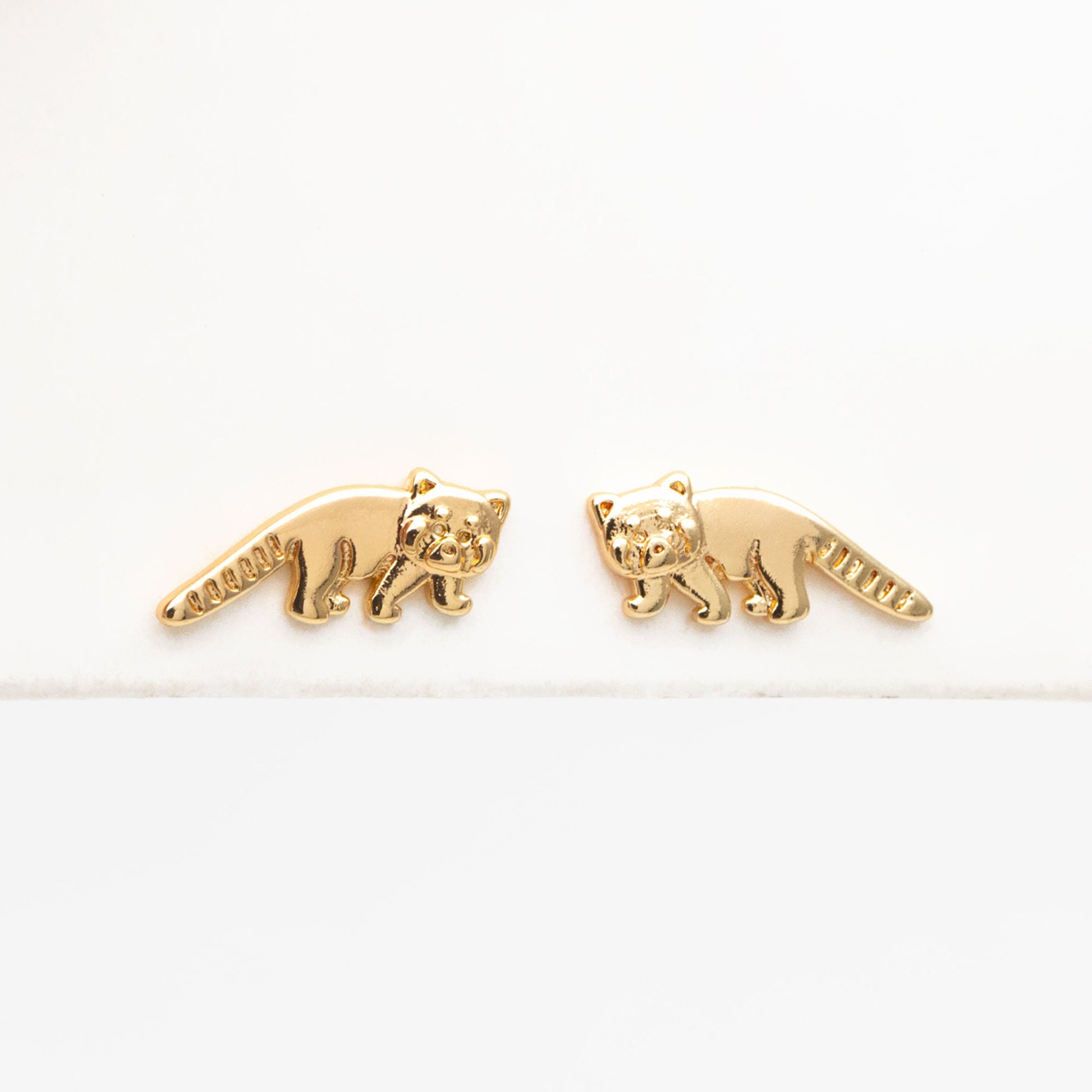 10pcs Gold Raccoon Earrings, Gold Plated Brass, Cute Animal Stud Earrings (GB-4111)