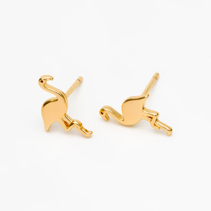 10pcs Gold Flamingo Earrings 12x8mm, Gold Plated Brass, Minimalist Bird Stud Earrings (GB-4113)
