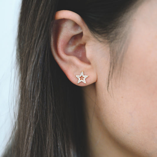 10pcs CZ Pave Star Ear Posts: 18K Gold Plated Brass Stud Earrings, 10mm, (GB-3041-P)