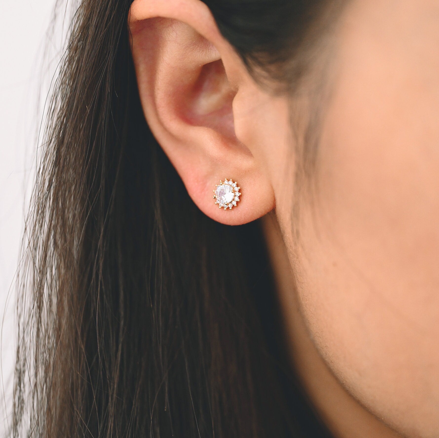 4pcs CZ Pave Gold Flower Ear Posts 8mm, Gold Plated Brass Stud Earrings (#GB-3371)