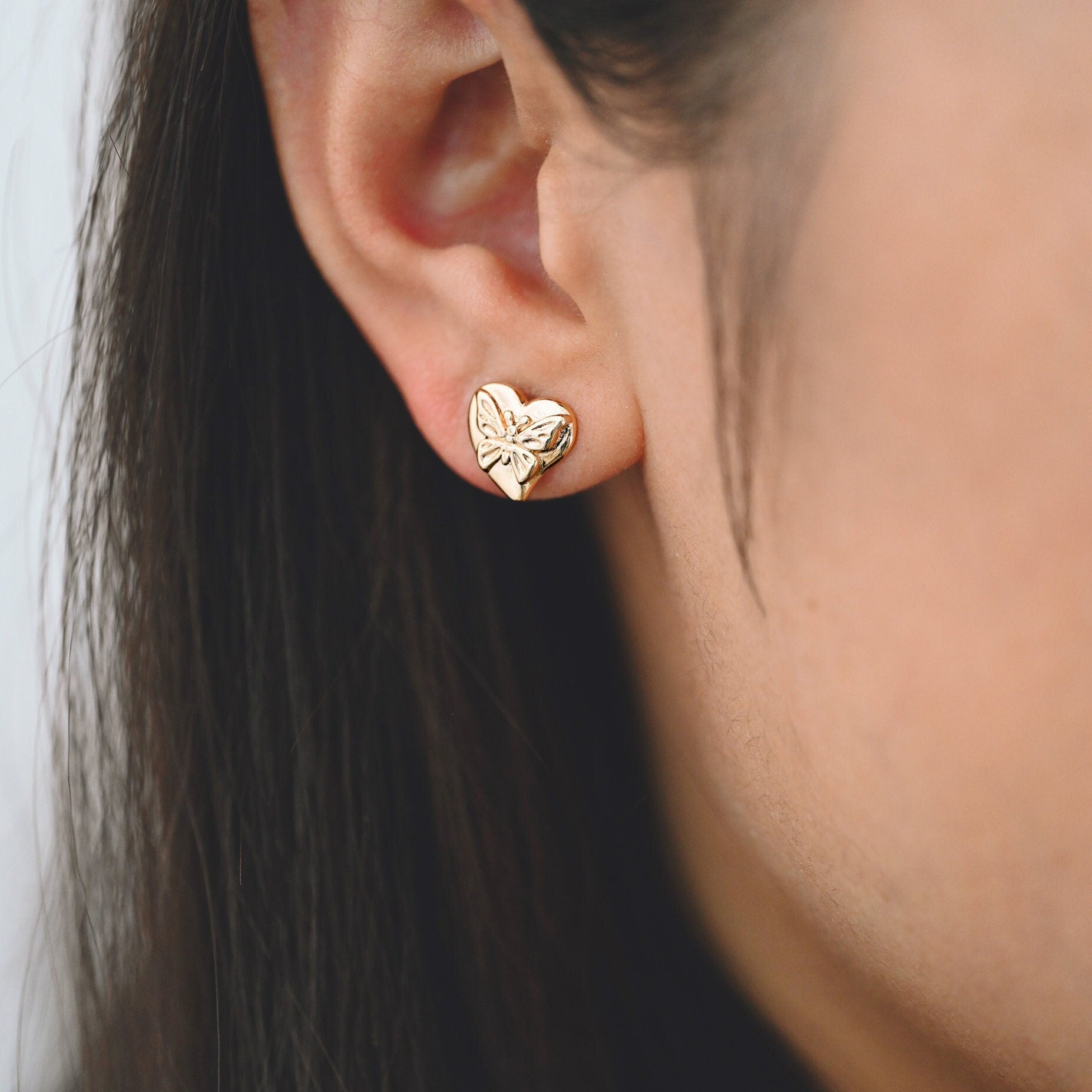 10pcs Gold Butterfly Heart Earring with Loop, Gold Plated Brass Stud Earrings, Jewelry Findings, Wholesale Supplies (GB-3378)