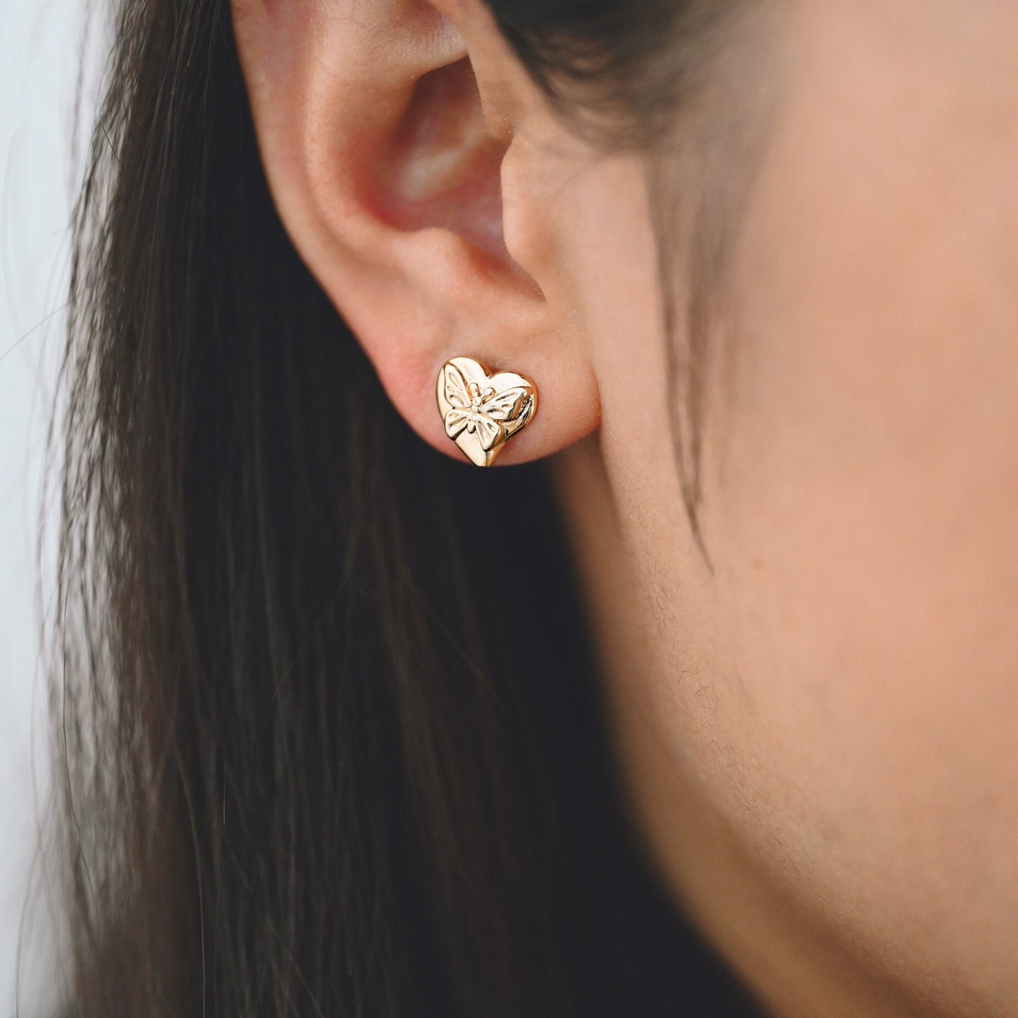 10pcs Gold Butterfly Heart Earring with Loop, Gold Plated Brass Stud Earrings, Jewelry Findings, Wholesale Supplies (GB-3378)