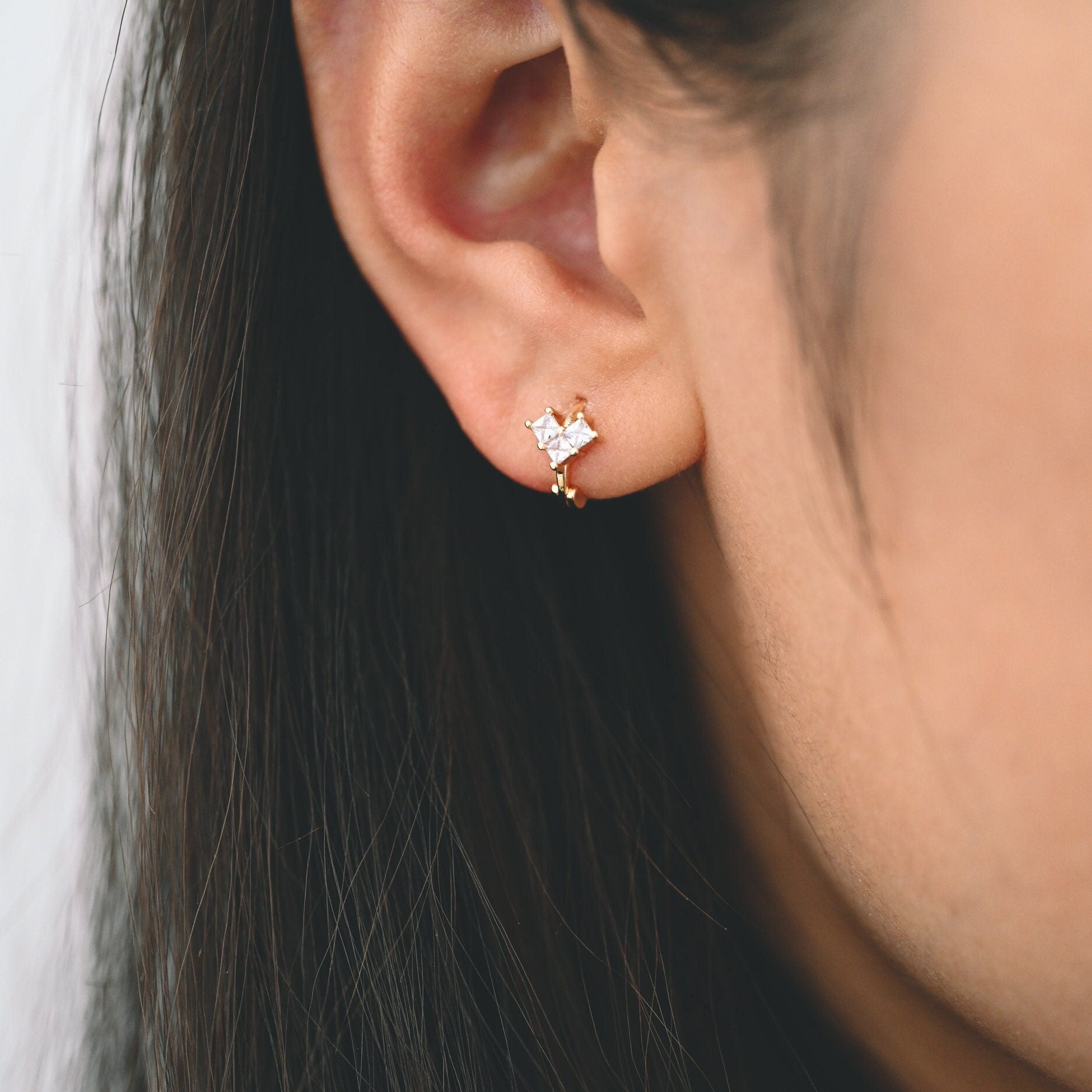 4pcs CZ Pave Tiny Heart Hoop Earrings 10mm, Huggie Earrings, Minimalist Earring, Small Gold Hoops Earring (GB-3467-E)