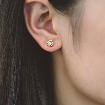 10pcs CZ Pave Gold Flower Ear Posts 7mm, Gold Plated Brass Stud Earrings, DIY Ear Findings (GB-3406)