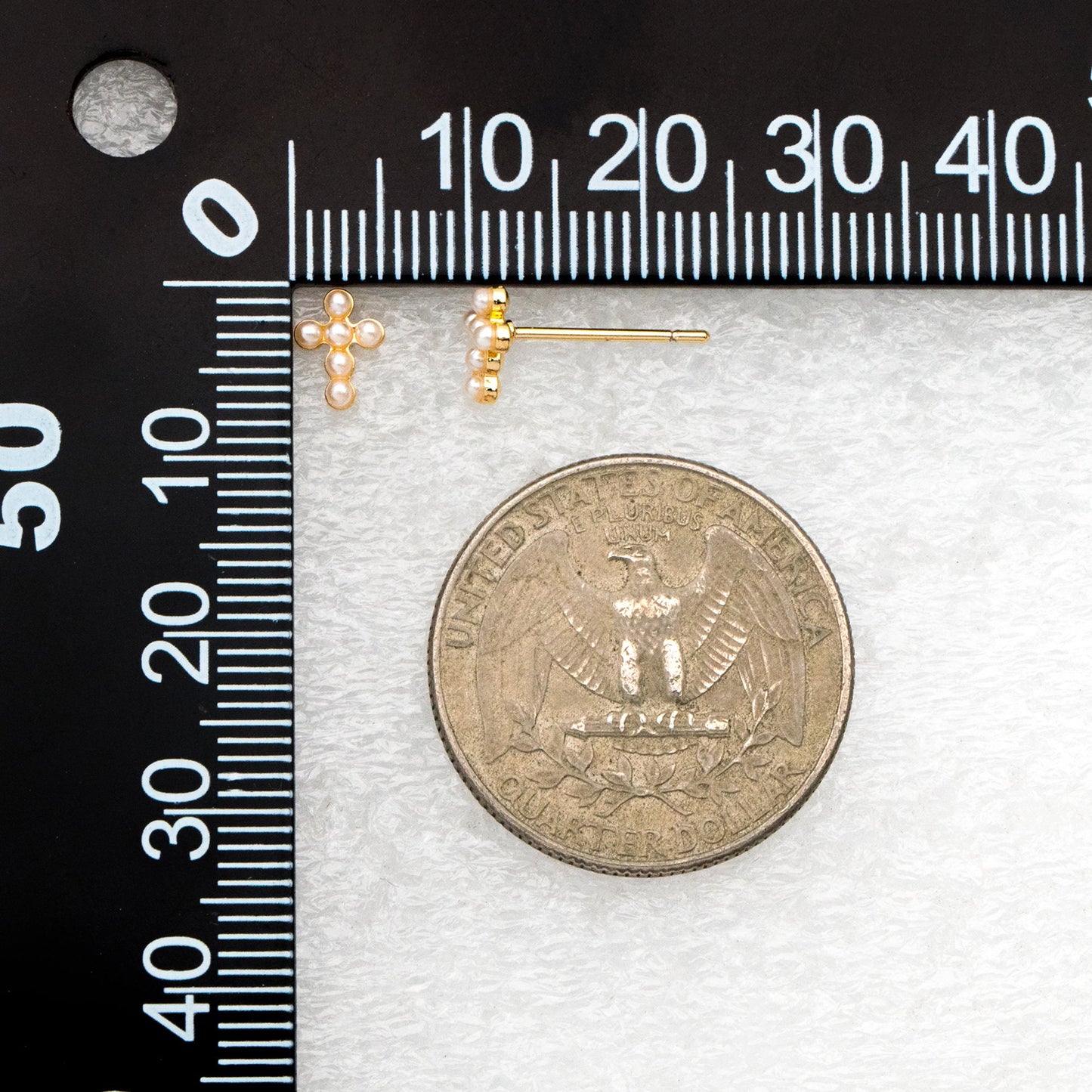 10pcs Faux Pearl Pave Gold Cross Earrings, Gold Plated Brass Small Cross Stud Earring (#GB-4063)