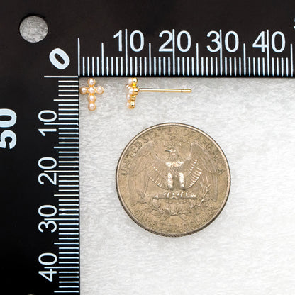 10pcs Faux Pearl Pave Gold Cross Earrings, Gold Plated Brass Small Cross Stud Earring (#GB-4063)