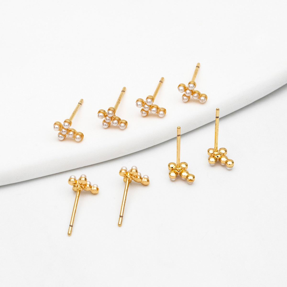 4pcs Faux Pearl Pave Gold Cross Earrings, Gold Plated Brass Small Cross Stud Earring (#GB-3637-A)