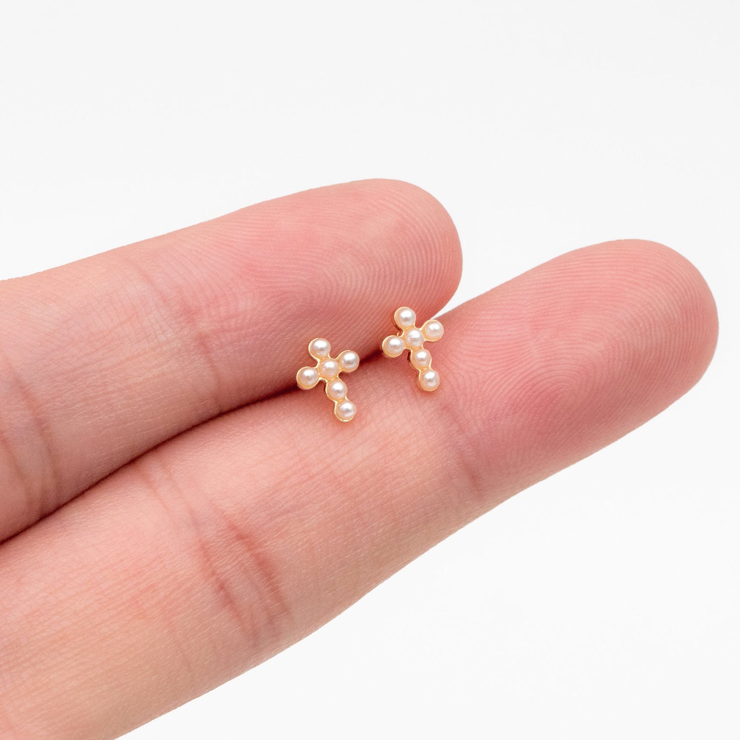 10pcs Faux Pearl Pave Gold Cross Earrings, Gold Plated Brass Small Cross Stud Earring (#GB-4063)