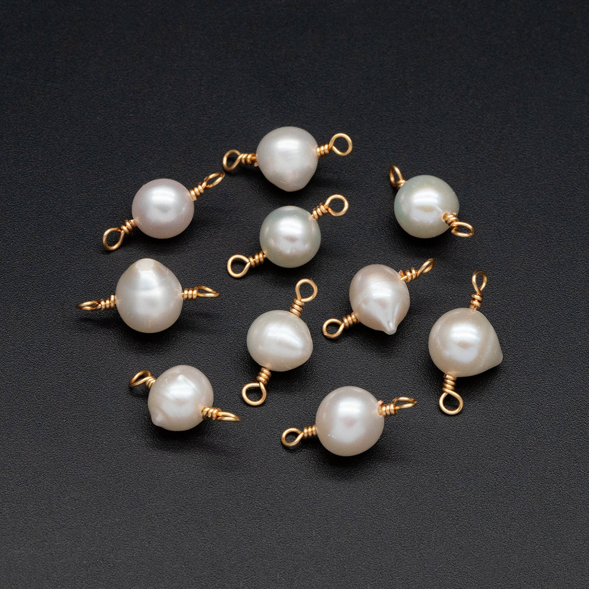 10pcs Natural Freshwater Pearl Connectors, Genuine Pearl Charm Pendants, 8-9mm Thick, Gold Wired Pearl Supply (PL-77)