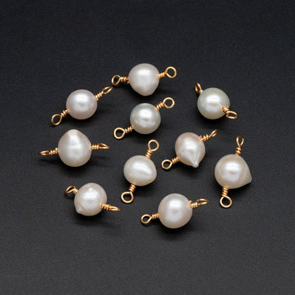 10pcs Natural Freshwater Pearl Connectors, Genuine Pearl Charm Pendants, 8-9mm Thick, Gold Wired Pearl Supply (PL-77)