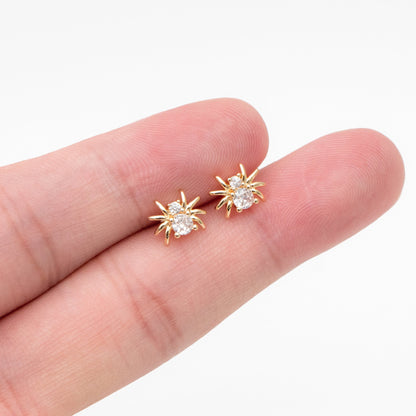 10pcs CZ Pave Gold Spider Earrings 7x8mm, Gold Plated Brass Araneid Stud Earrings (GB-4110-B)