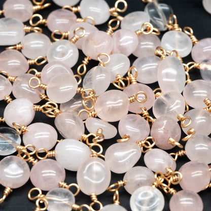 10pcs Gold Pink Quartz Gemstone Connector, 18K Gold Wire Beaded Charms, Diy Material Findings (GB-4134)