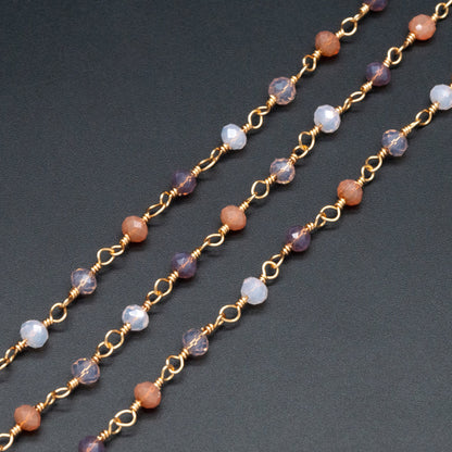 Glass Rondelle Bead Chain 3.5mm, 18K Gold plated on Brass Beaded Chains, Multi Colors Crystal (#LK-599)/ 1 Meter=3.3ft