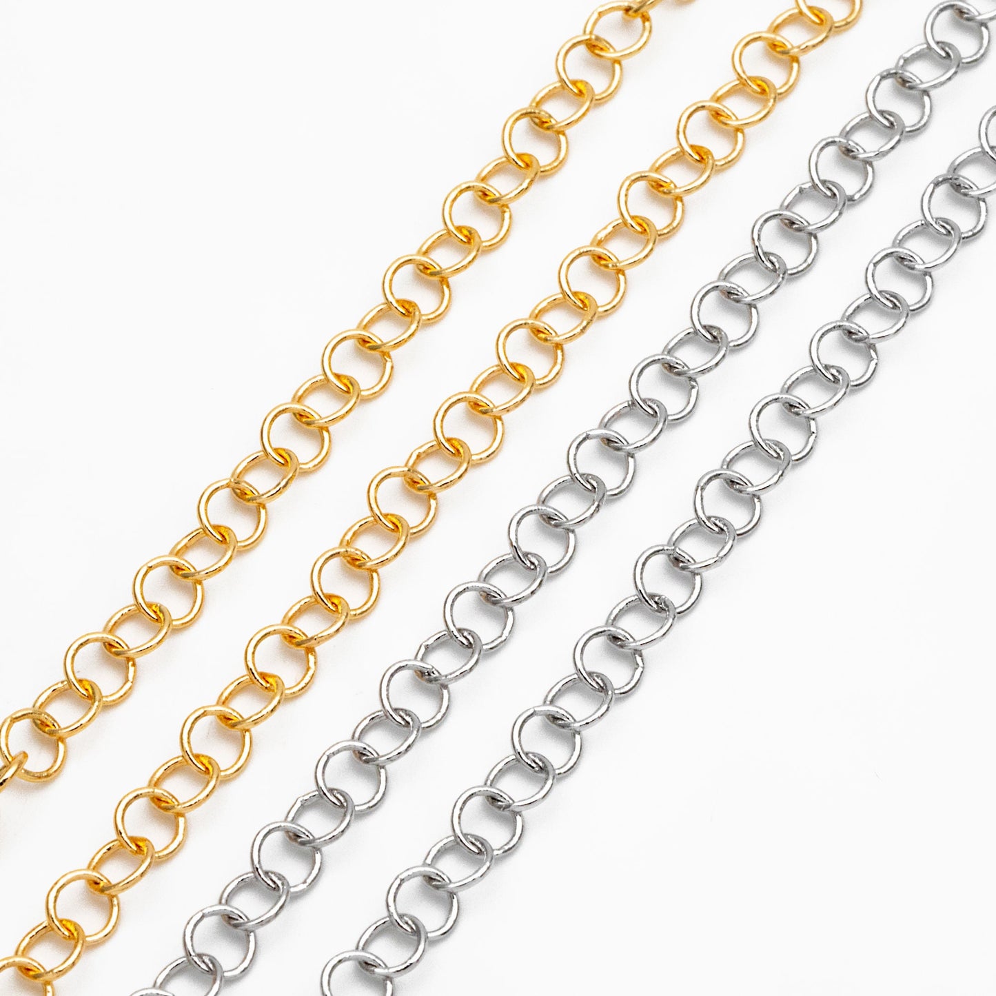 Gold/ Silver Tone Round Loop Chain 5mm, 18K Real Gold/ Rhodium plated Brass, Circle Link Chains (#LK-604)/ 1 Meter=3.3ft