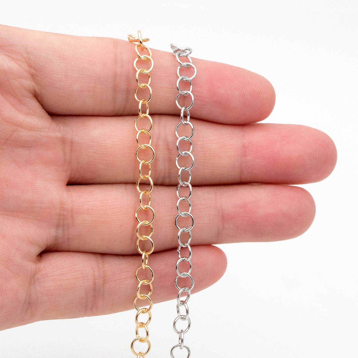 Gold/ Silver Tone Round Loop Chain 5mm, 18K Real Gold/ Rhodium plated Brass, Circle Link Chains (#LK-604)/ 1 Meter=3.3ft