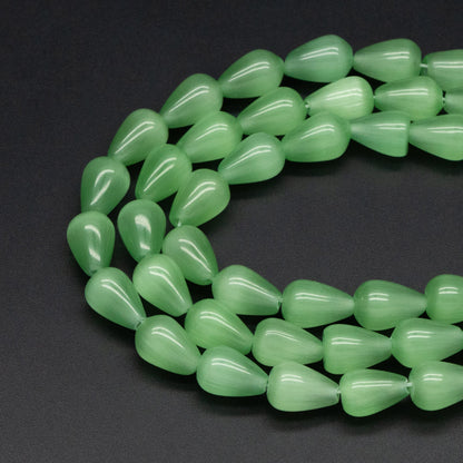 28pcs Green Smooth Teardrop Cat's Eye Beads, 8x12mm, For Jewelry Making (TR-075)
