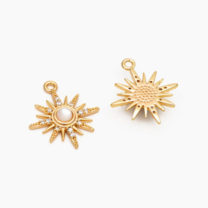 10pcs Shell Pave Gold/ Silver Sun Charms 17x15mm, 18K Gold/ Rhodium plated Brass Dainty North Star Pendants (GB-924-K)