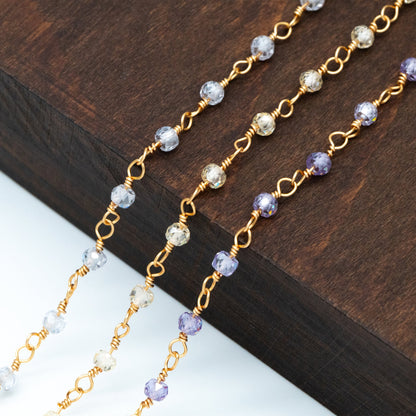 Gemstone CZ Beaded Chain, Cubic Zirconia Chains, 2.5mm Chain with 3mm Quartz Beads (#LK-603)/ 1 Meter=3.3ft