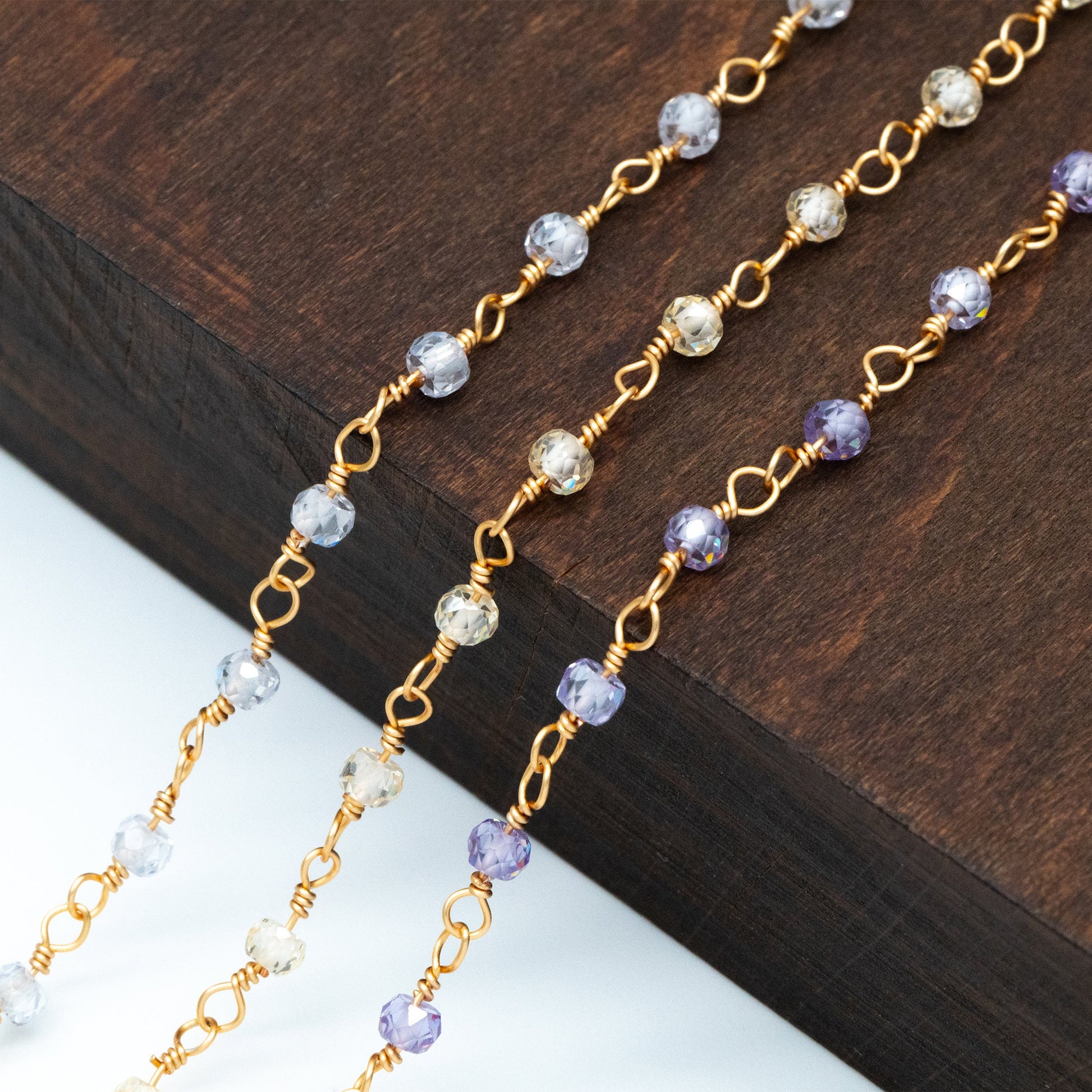 Gemstone CZ Beaded Chain, Cubic Zirconia Chains, 2.5mm Chain with 3mm Quartz Beads (#LK-603)/ 1 Meter=3.3ft