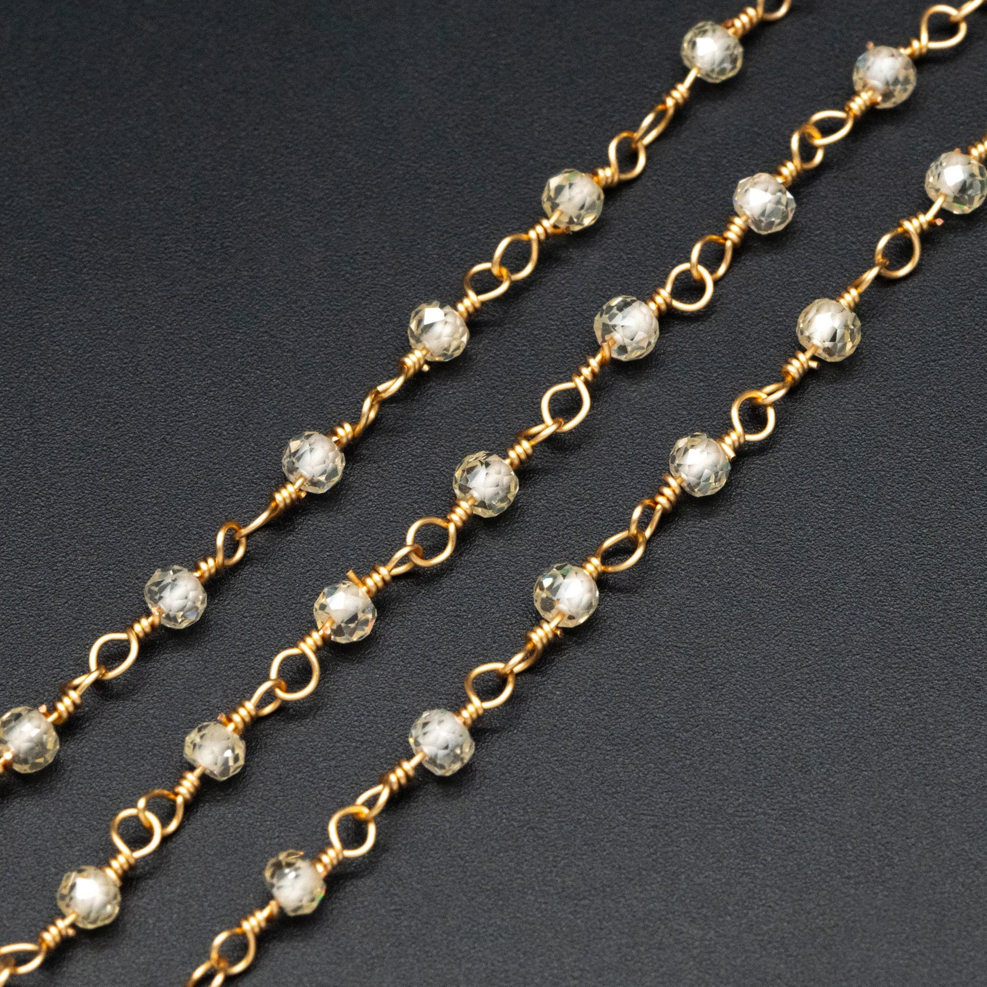 Gemstone CZ Beaded Chain, Cubic Zirconia Chains, 2.5mm Chain with 3mm Quartz Beads (#LK-603)/ 1 Meter=3.3ft