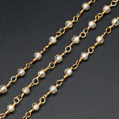 Gemstone CZ Beaded Chain, Cubic Zirconia Chains, 2.5mm Chain with 3mm Quartz Beads (#LK-603)/ 1 Meter=3.3ft