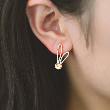 4pcs CZ Pave Rabbit Ear Posts, Bunny Stud Earrings, Pearl Peg Earring Mounts, Half Drilled Pearl Earring Settings (#GB-1776)