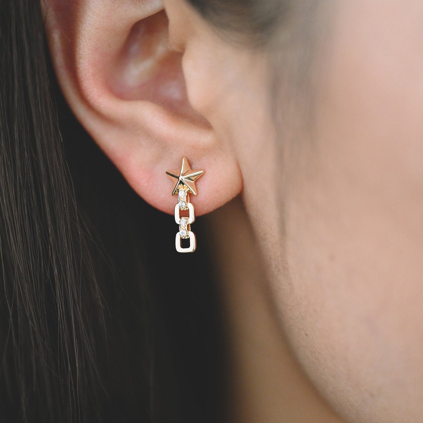 10pcs Star Chain Earring, 18x8mm, Gold Plated Brass Stud Earrings (#GB-1869)